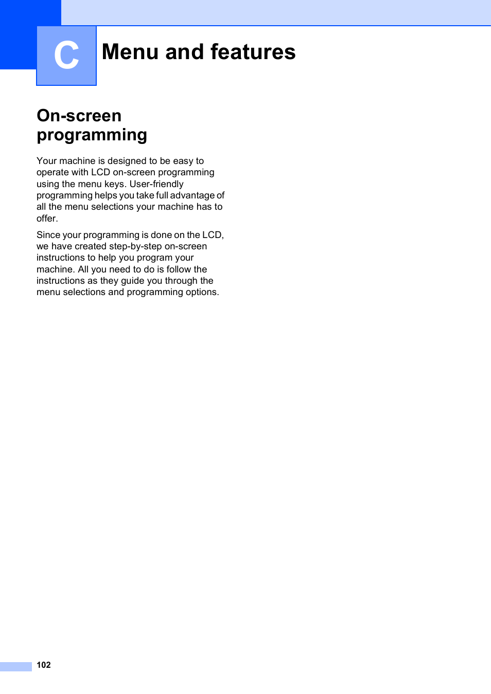 C menu and features, On-screen programming, Menu and features | Brother MFC J6510DW User Manual | Page 116 / 163