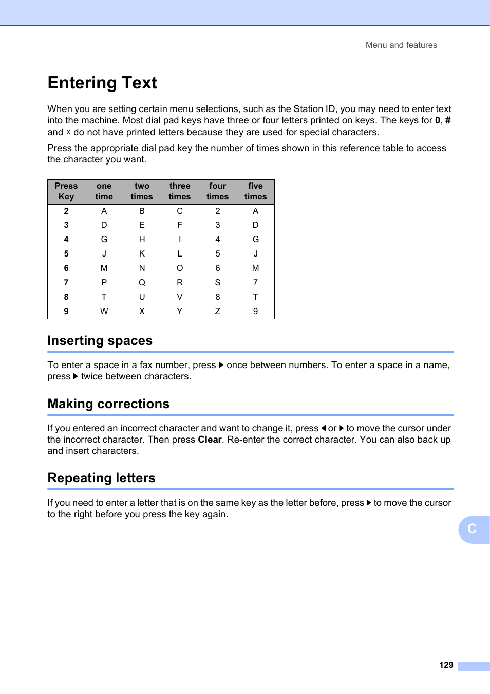 Entering text, Inserting spaces, Making corrections | Repeating letters | Brother MFC J6510DW User Manual | Page 143 / 163