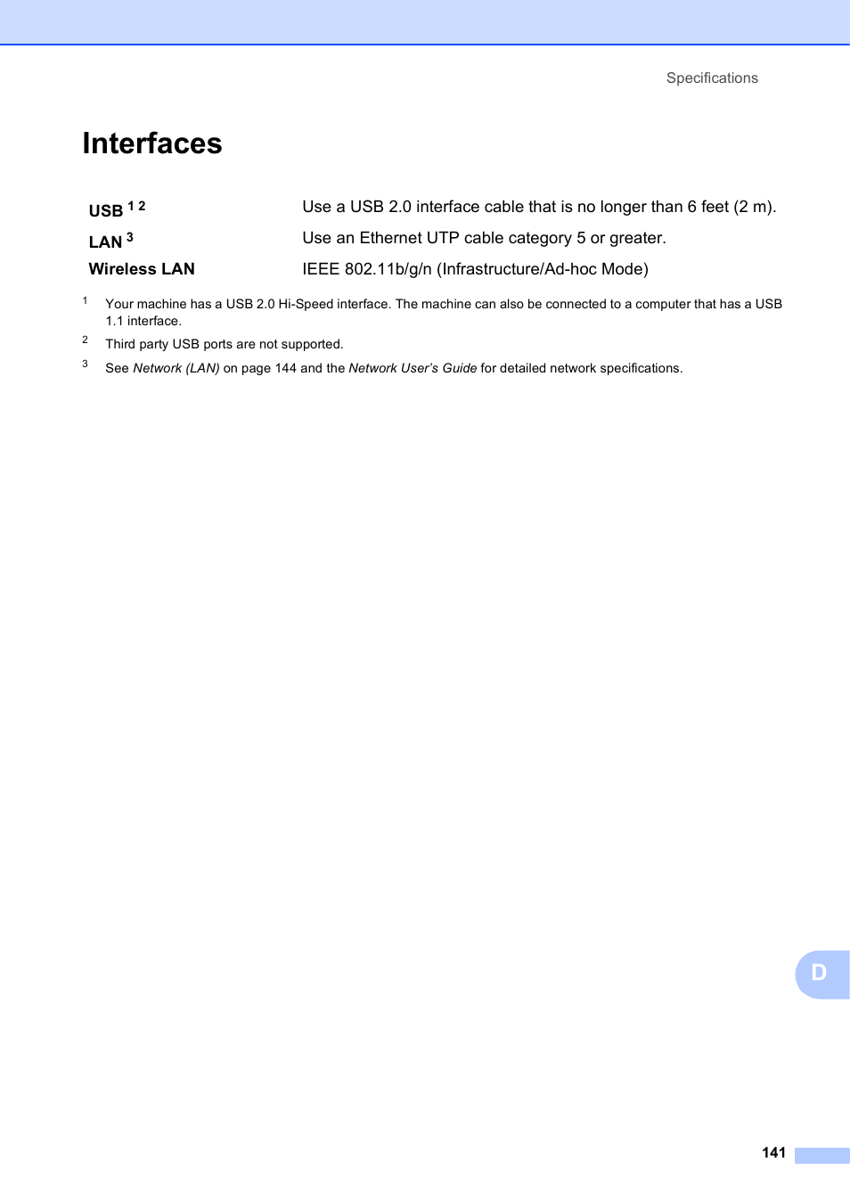 Interfaces | Brother MFC J6510DW User Manual | Page 155 / 163