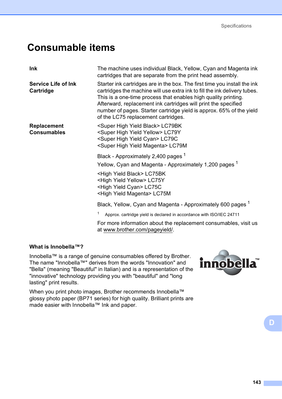 Consumable items | Brother MFC J6510DW User Manual | Page 157 / 163