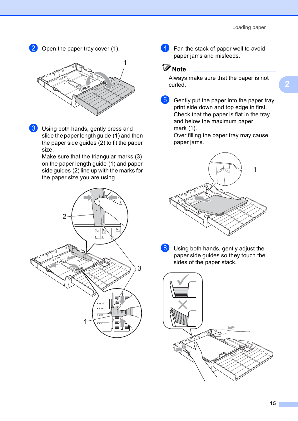 Open the paper tray cover (1), Always make sure that the paper is not curled | Brother MFC J6510DW User Manual | Page 29 / 163