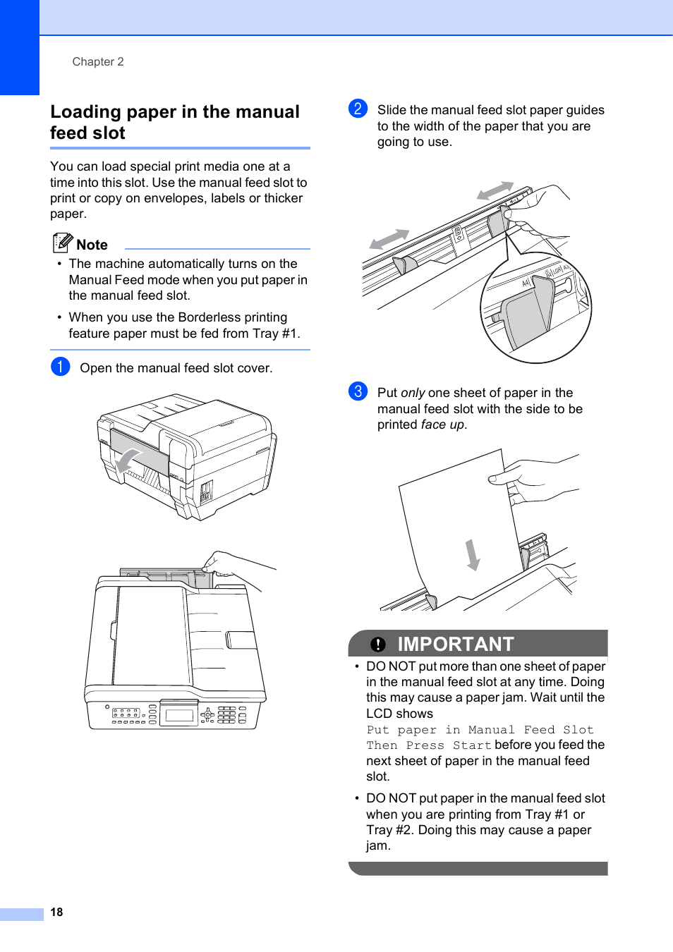 Loading paper in the manual feed slot, Important | Brother MFC J6510DW User Manual | Page 32 / 163