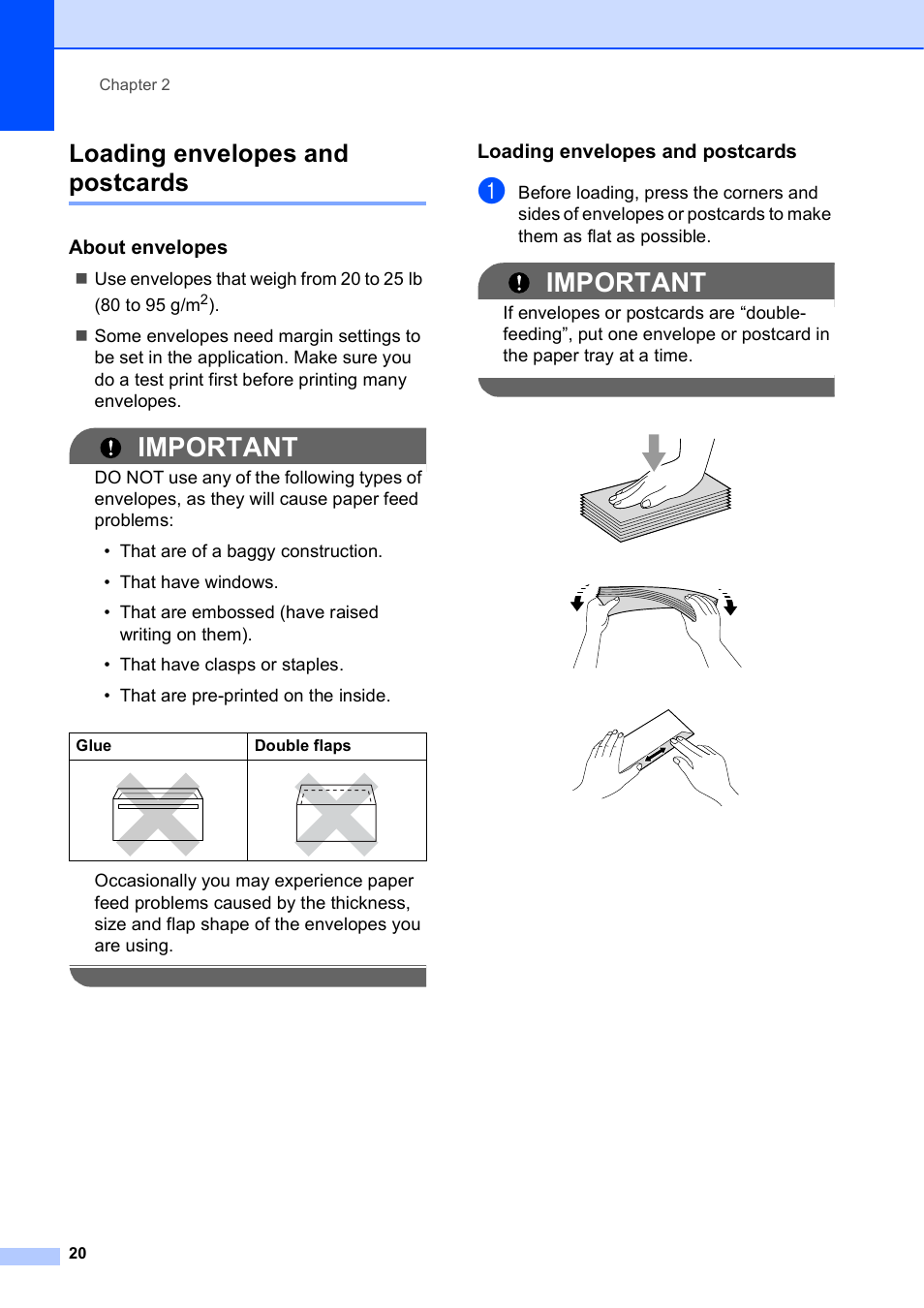 Loading envelopes and postcards, About envelopes, Important | Brother MFC J6510DW User Manual | Page 34 / 163