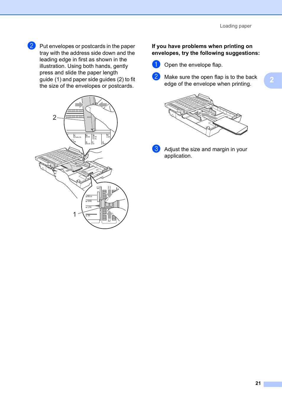 Open the envelope flap, Adjust the size and margin in your application | Brother MFC J6510DW User Manual | Page 35 / 163