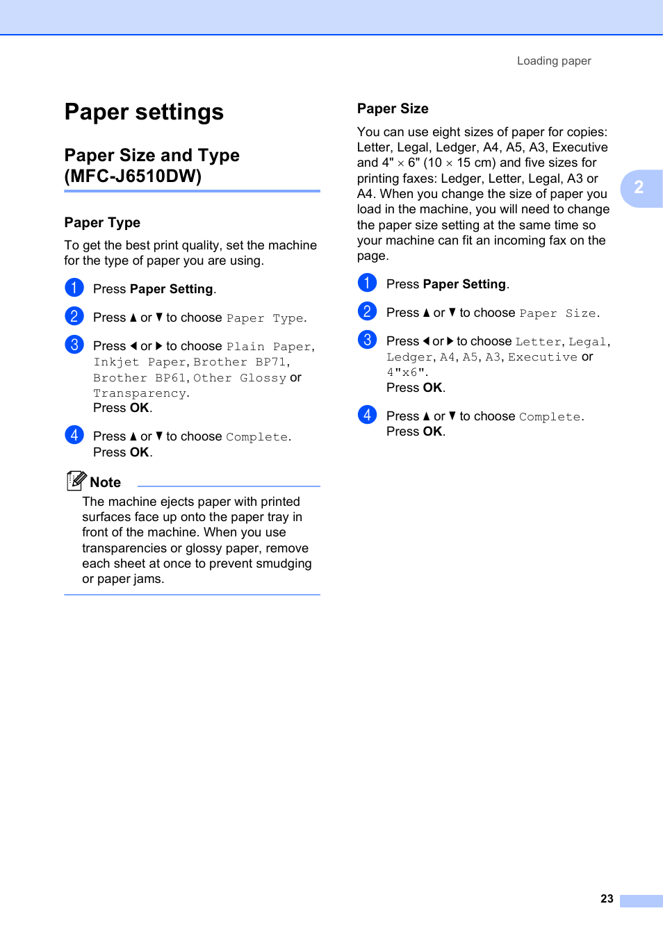 Paper settings, Paper size and type (mfc-j6510dw), Paper type | Paper size | Brother MFC J6510DW User Manual | Page 37 / 163