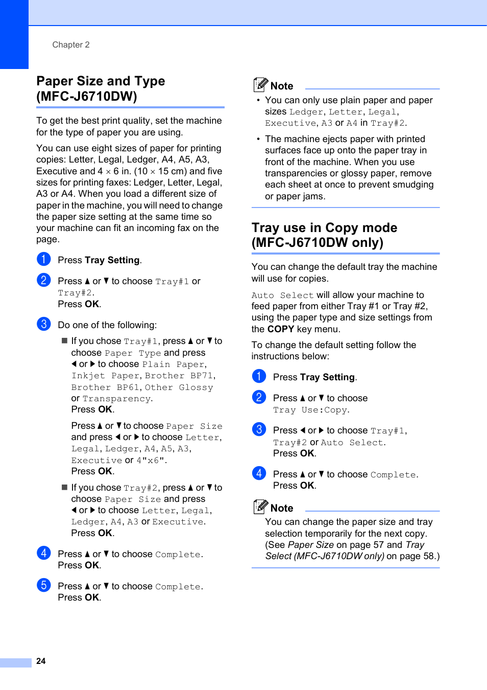 Paper size and type (mfc-j6710dw), Tray use in copy mode (mfc-j6710dw only) | Brother MFC J6510DW User Manual | Page 38 / 163