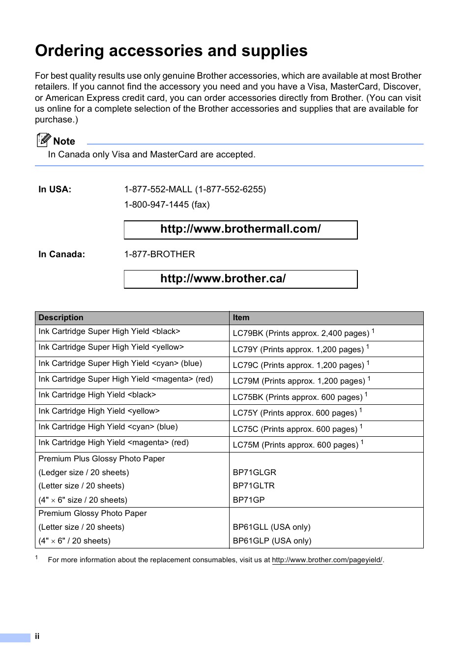 Ordering accessories and supplies | Brother MFC J6510DW User Manual | Page 4 / 163