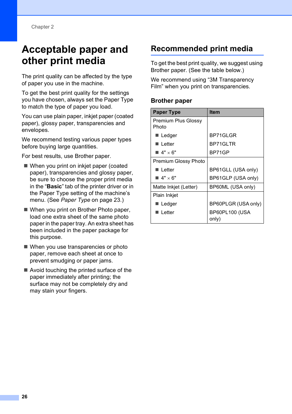 Acceptable paper and other print media, Recommended print media | Brother MFC J6510DW User Manual | Page 40 / 163