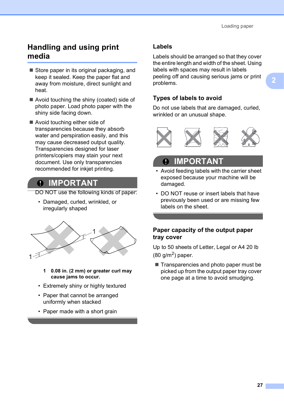 Handling and using print media, Labels, Types of labels to avoid | Paper capacity of the output paper tray cover, Important, 2handling and using print media | Brother MFC J6510DW User Manual | Page 41 / 163