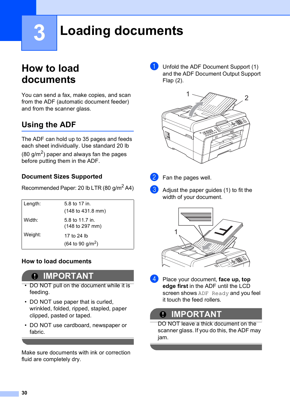 3 loading documents, How to load documents, Using the adf | Document sizes supported, Loading documents, Important | Brother MFC J6510DW User Manual | Page 44 / 163