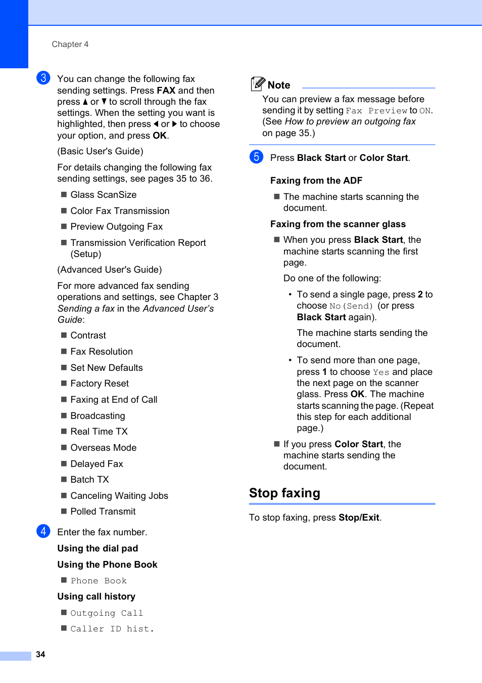 Stop faxing | Brother MFC J6510DW User Manual | Page 48 / 163