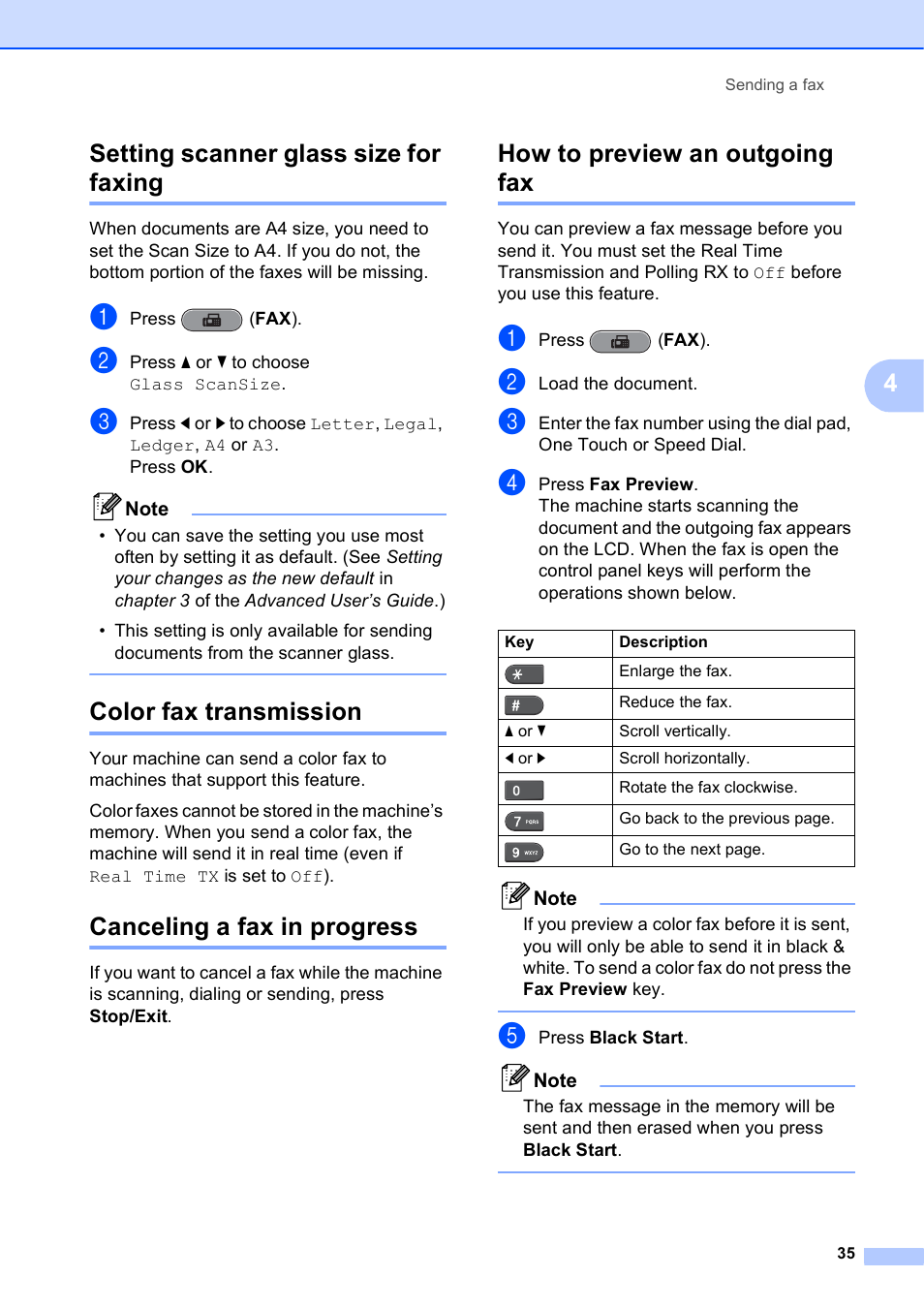 Setting scanner glass size for faxing, Color fax transmission, Canceling a fax in progress | How to preview an outgoing fax, 4setting scanner glass size for faxing | Brother MFC J6510DW User Manual | Page 49 / 163