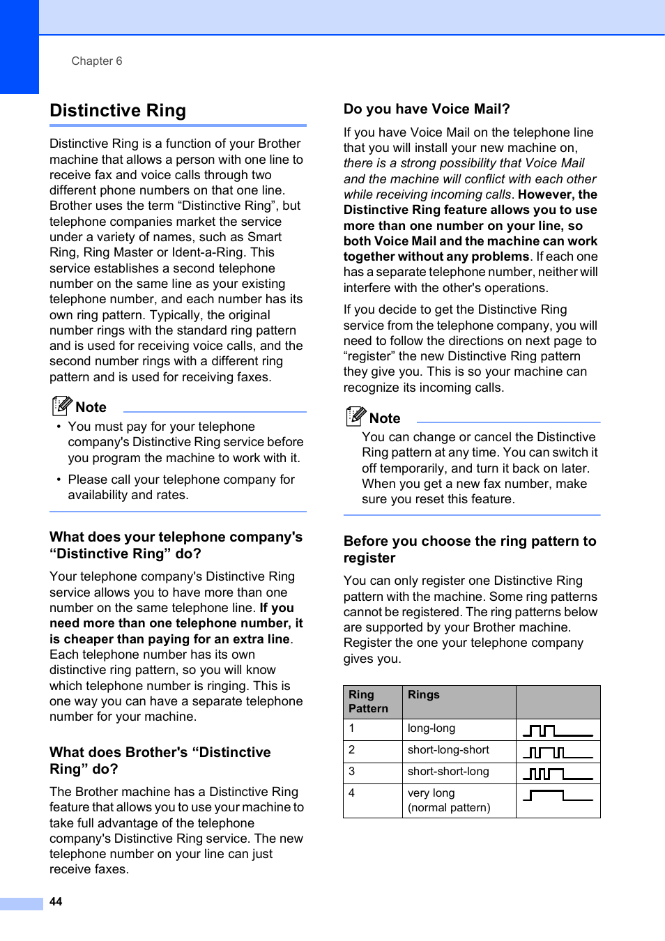 Distinctive ring, What does brother's “distinctive ring” do, Do you have voice mail | Before you choose the ring pattern to register | Brother MFC J6510DW User Manual | Page 58 / 163