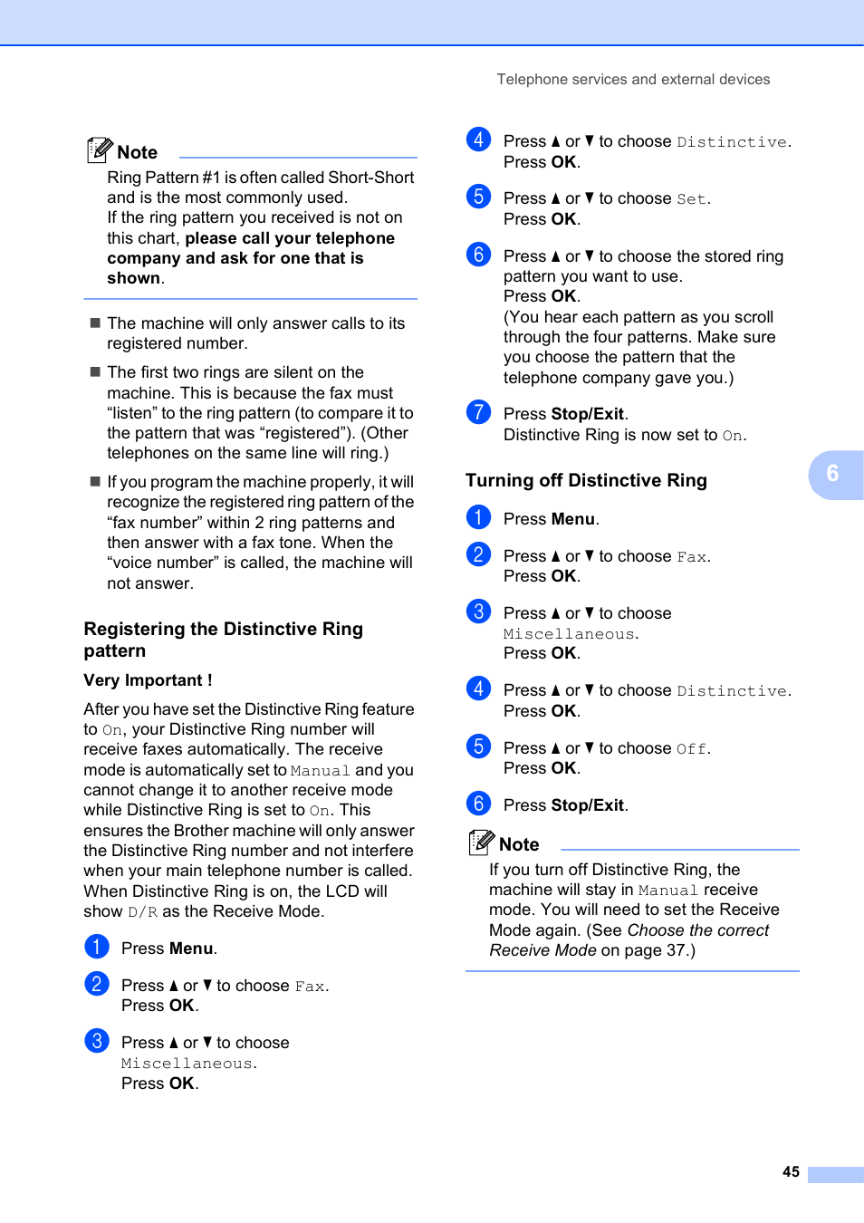 Registering the distinctive ring pattern, Turning off distinctive ring | Brother MFC J6510DW User Manual | Page 59 / 163