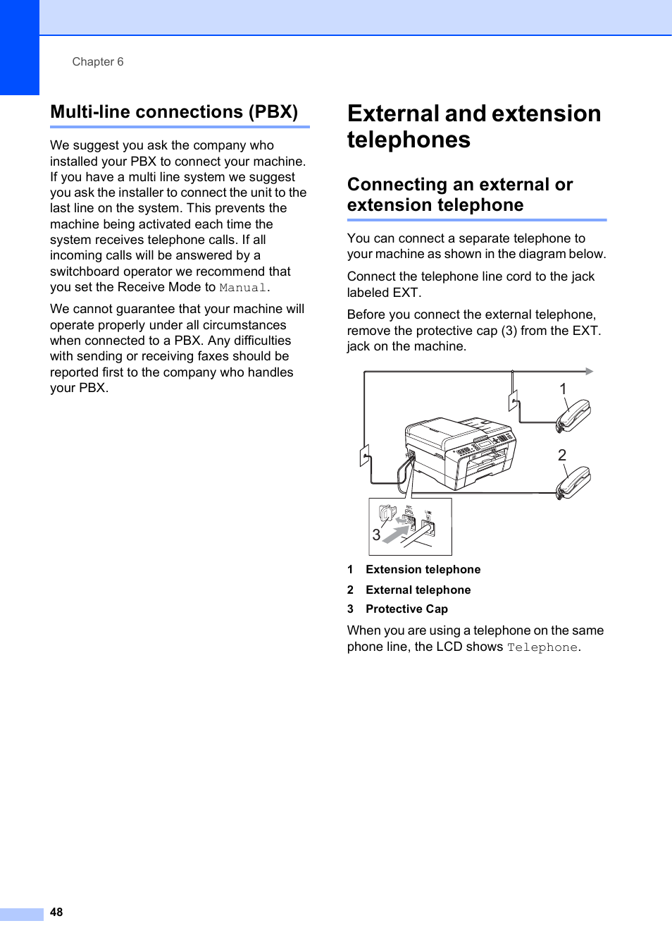 Multi-line connections (pbx), External and extension telephones, Connecting an external or extension telephone | Brother MFC J6510DW User Manual | Page 62 / 163