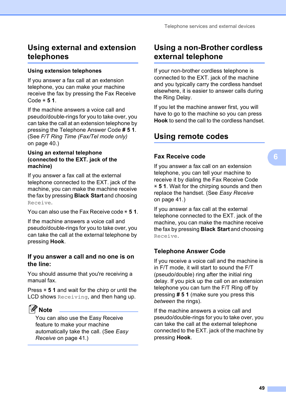 Using external and extension telephones, If you answer a call and no one is on the line, Using a non-brother cordless external telephone | Using remote codes, Fax receive code, Telephone answer code, 6using external and extension telephones | Brother MFC J6510DW User Manual | Page 63 / 163