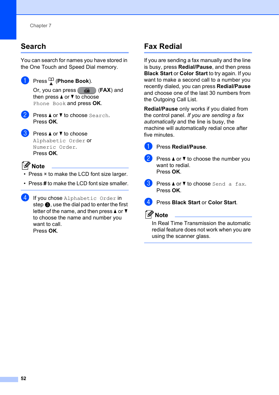 Search, Fax redial, Search fax redial | Brother MFC J6510DW User Manual | Page 66 / 163