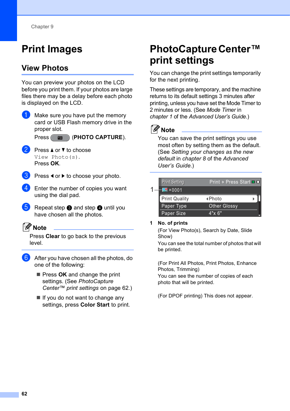 Print images, View photos, Photocapture center™ print settings | Brother MFC J6510DW User Manual | Page 76 / 163