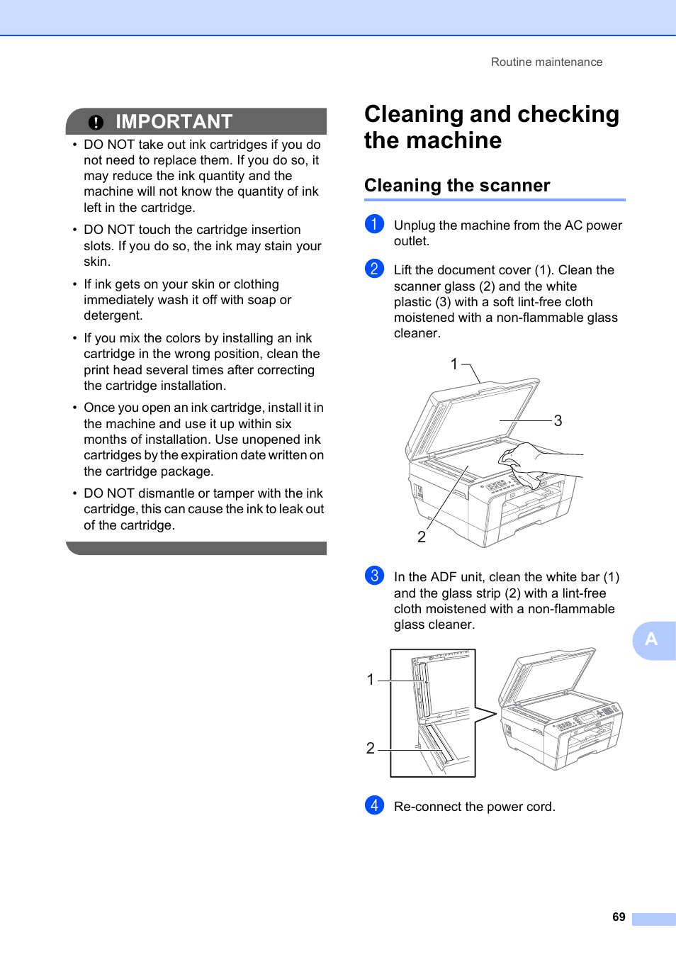 Cleaning and checking the machine, Cleaning the scanner, Important | Brother MFC J6510DW User Manual | Page 83 / 163