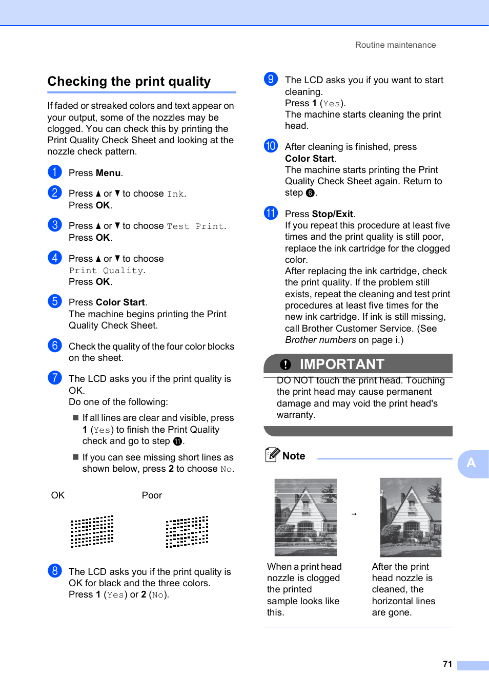 Checking the print quality, Important, Achecking the print quality | Brother MFC J6510DW User Manual | Page 85 / 163