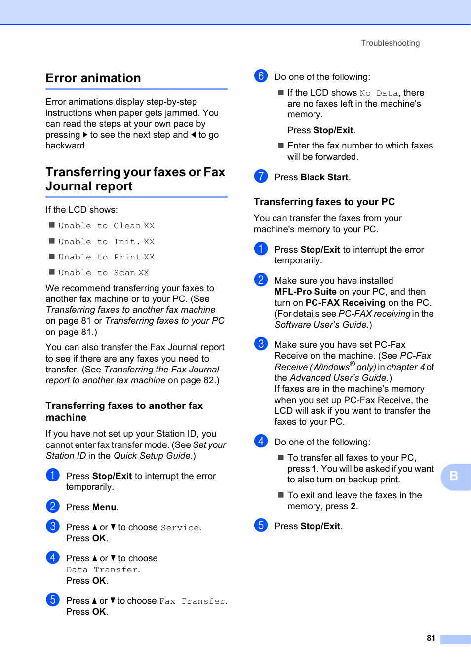 Error animation, Transferring your faxes or fax journal report, Transferring faxes to another fax machine | Transferring faxes to your pc, Berror animation | Brother MFC J6510DW User Manual | Page 95 / 163