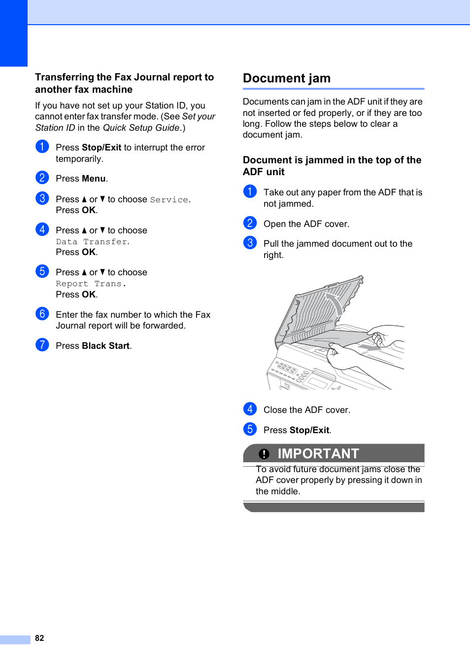 Document jam, Document is jammed in the top of the adf unit, Important | Brother MFC J6510DW User Manual | Page 96 / 163