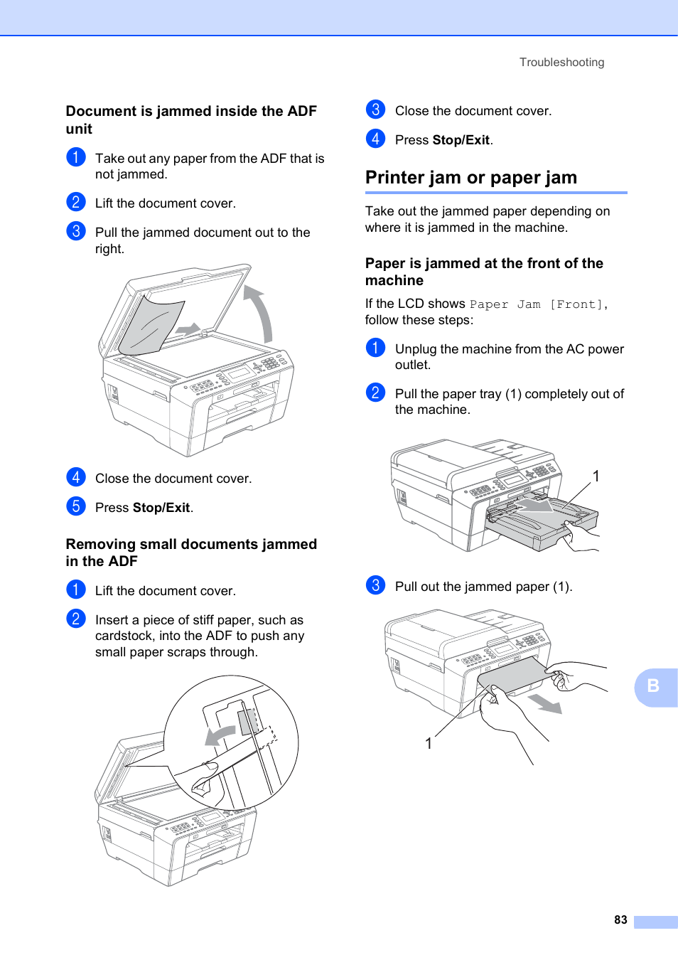 Document is jammed inside the adf unit, Removing small documents jammed in the adf, Printer jam or paper jam | Paper is jammed at the front of the machine | Brother MFC J6510DW User Manual | Page 97 / 163