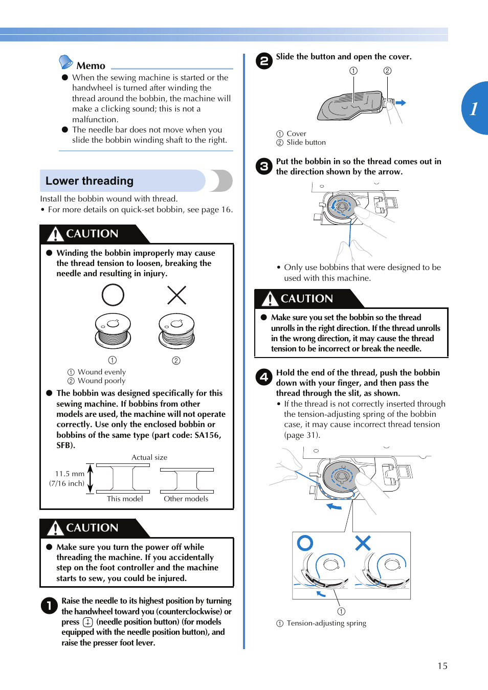 Lower threading, Caution | Brother SQ9050 User Manual | Page 17 / 80