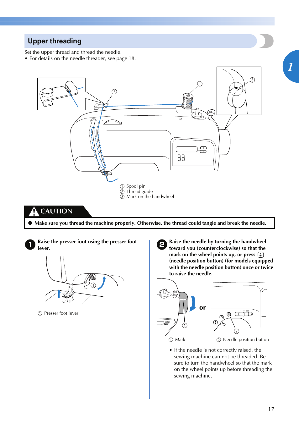 Upper threading, Caution | Brother SQ9050 User Manual | Page 19 / 80