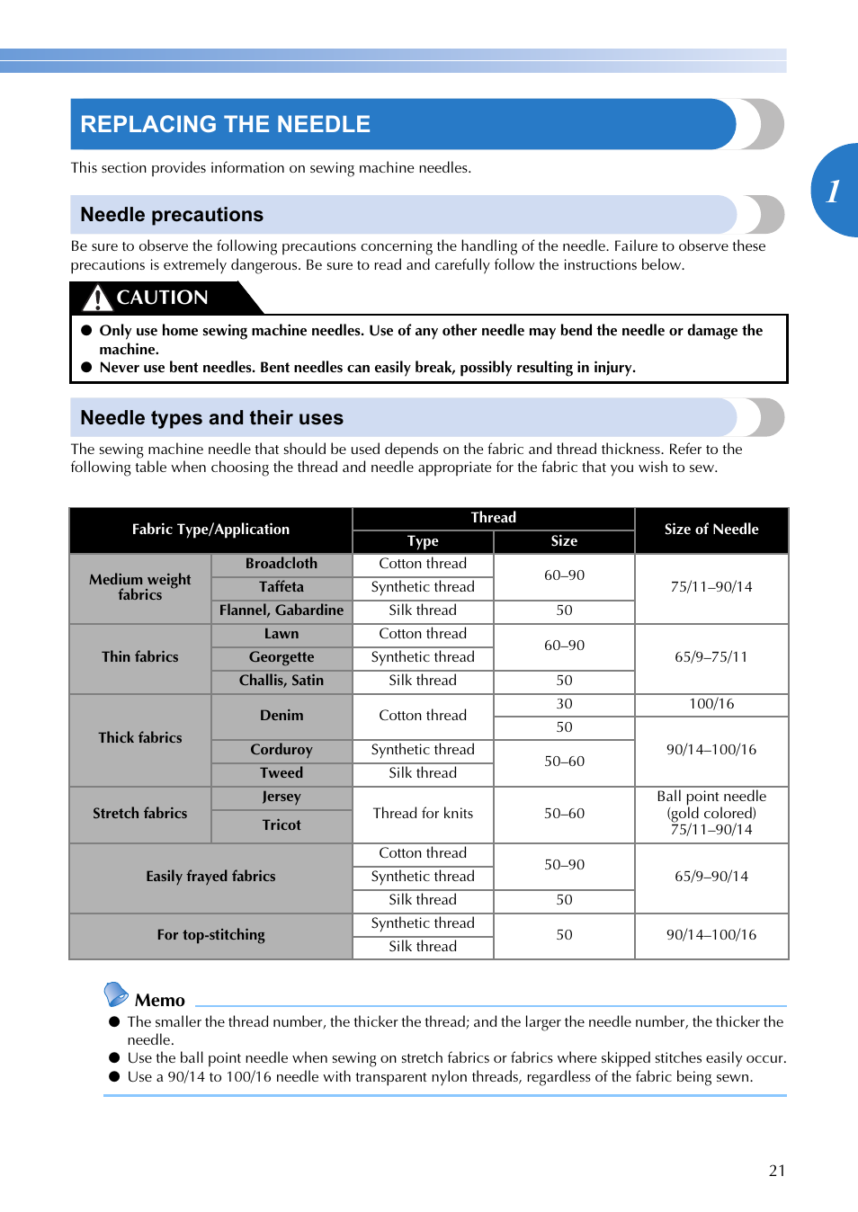 Replacing the needle, Needle precautions, Needle types and their uses | Caution | Brother SQ9050 User Manual | Page 23 / 80