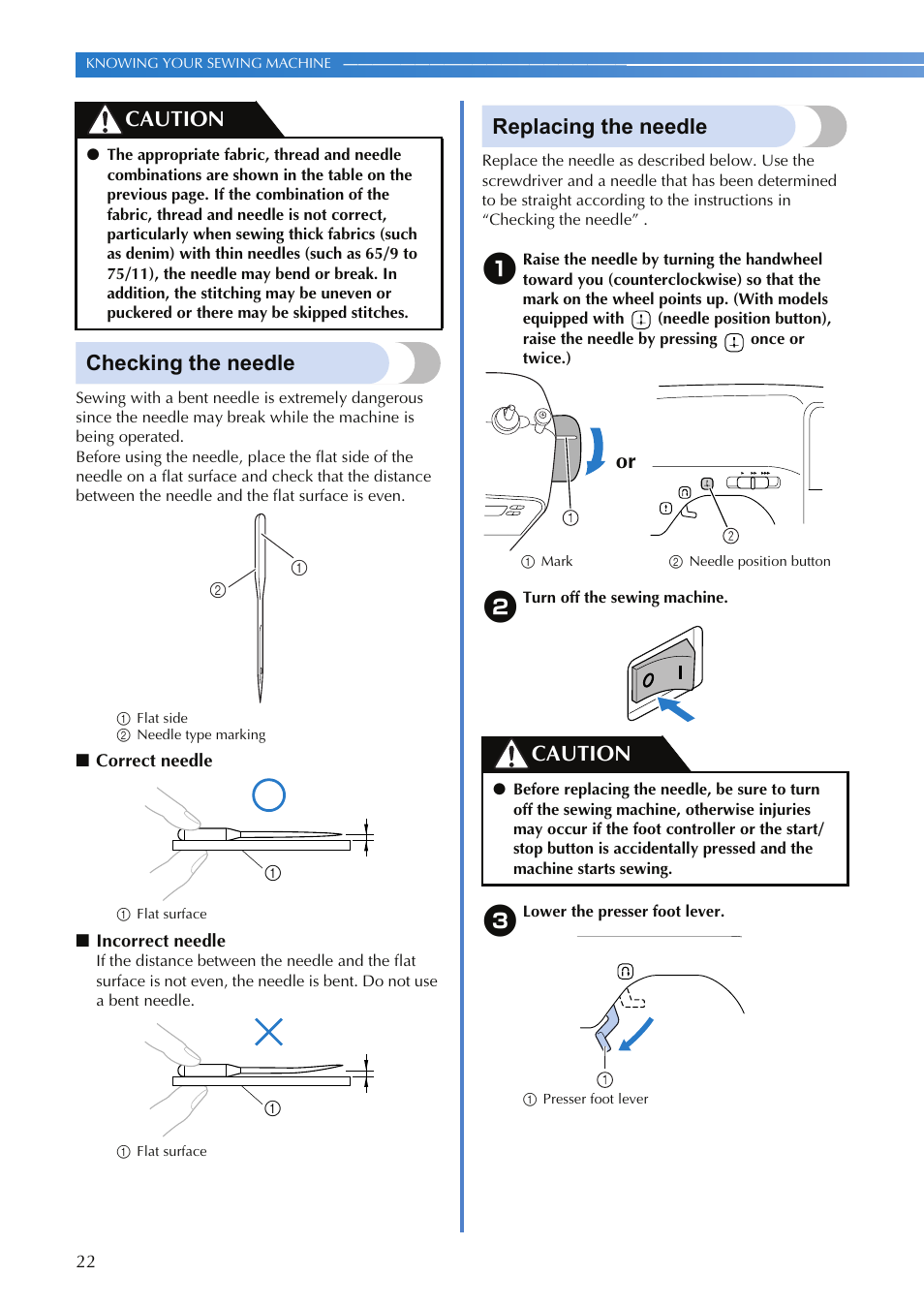 Checking the needle, Replacing the needle, Caution | Or caution | Brother SQ9050 User Manual | Page 24 / 80
