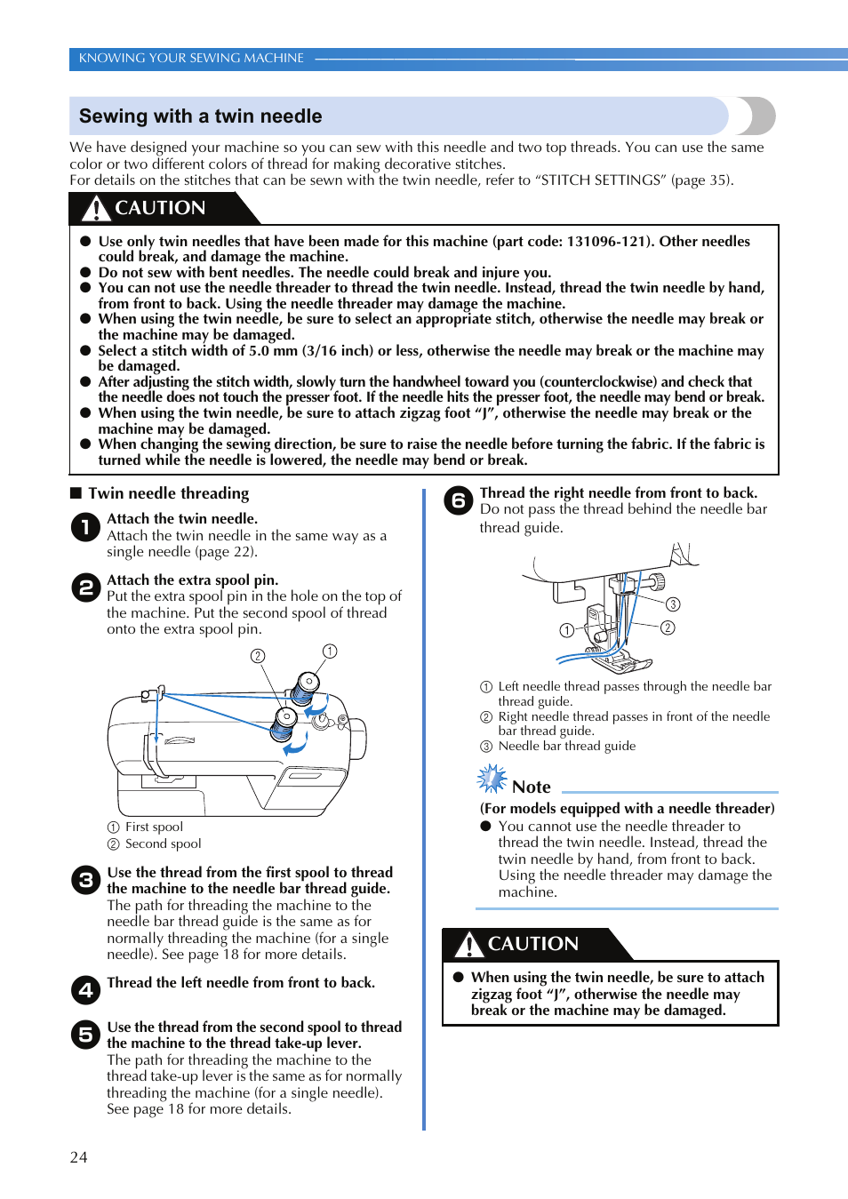 Sewing with a twin needle, Caution | Brother SQ9050 User Manual | Page 26 / 80