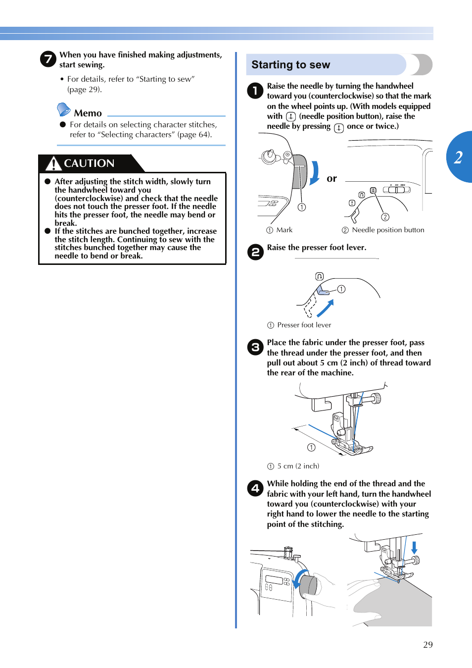 Starting to sew, Caution | Brother SQ9050 User Manual | Page 31 / 80