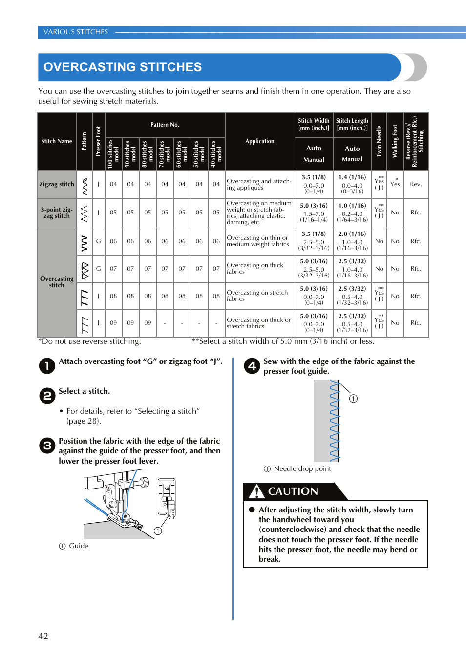 Overcasting stitches, Caution, Attach overcasting foot “g” or zigzag foot “j | Brother SQ9050 User Manual | Page 44 / 80