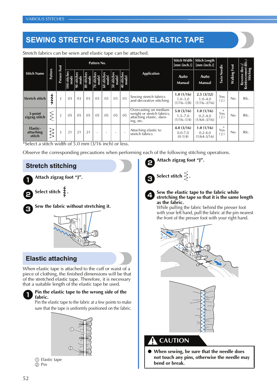 Sewing stretch fabrics and elastic tape, Stretch stitching, Elastic attaching | Caution | Brother SQ9050 User Manual | Page 54 / 80