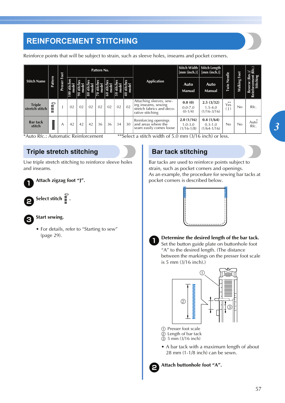 Reinforcement stitching, Triple stretch stitching, Bar tack stitching | Brother SQ9050 User Manual | Page 59 / 80