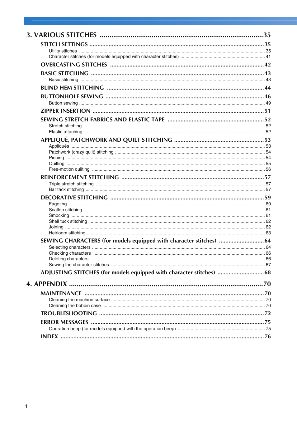 Various stitches, Appendix | Brother SQ9050 User Manual | Page 6 / 80