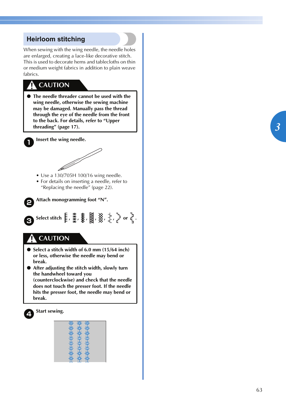 Heirloom stitching, Caution | Brother SQ9050 User Manual | Page 65 / 80