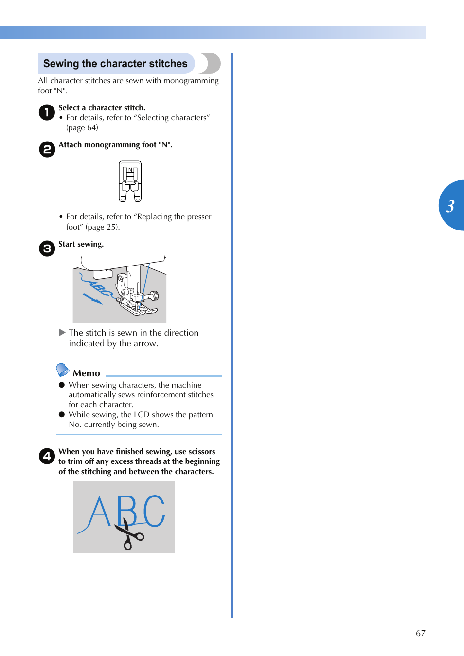 Sewing the character stitches | Brother SQ9050 User Manual | Page 69 / 80