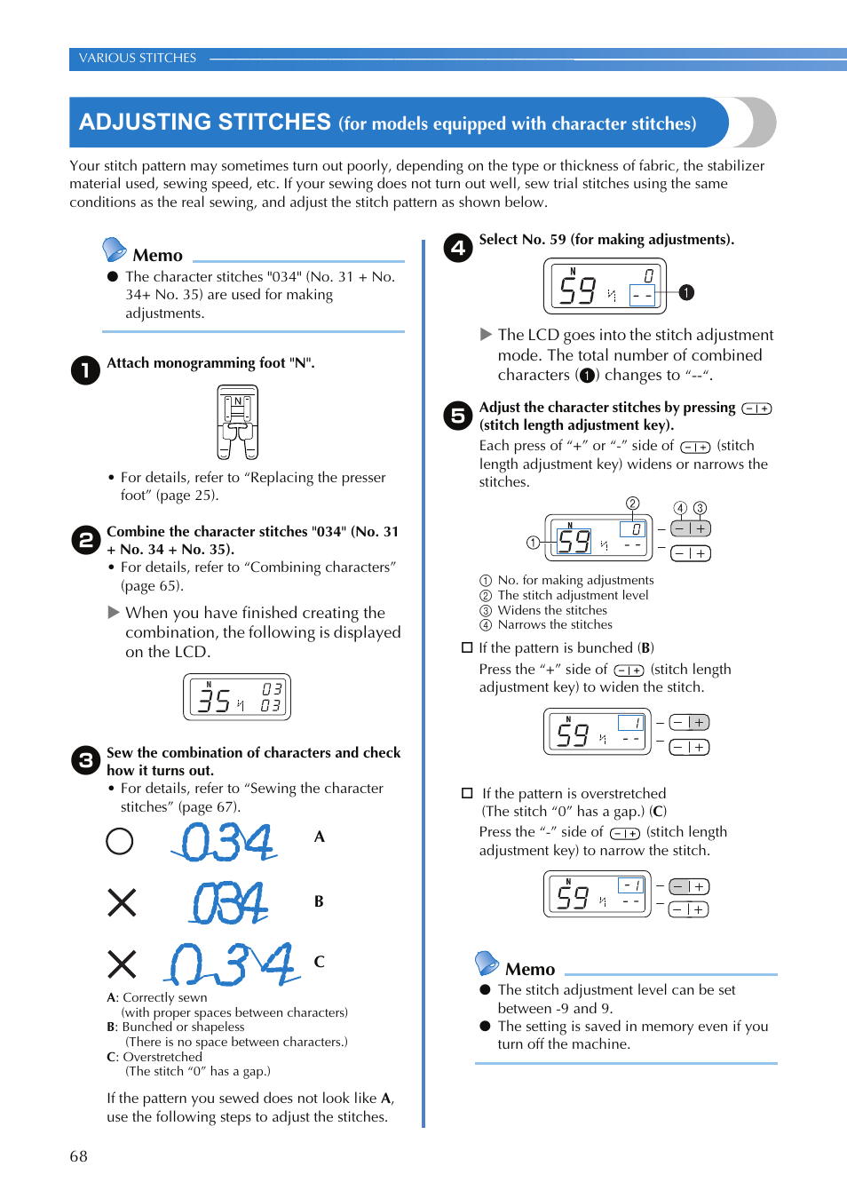 Adjusting stitches, For models equipped with character stitches) | Brother SQ9050 User Manual | Page 70 / 80