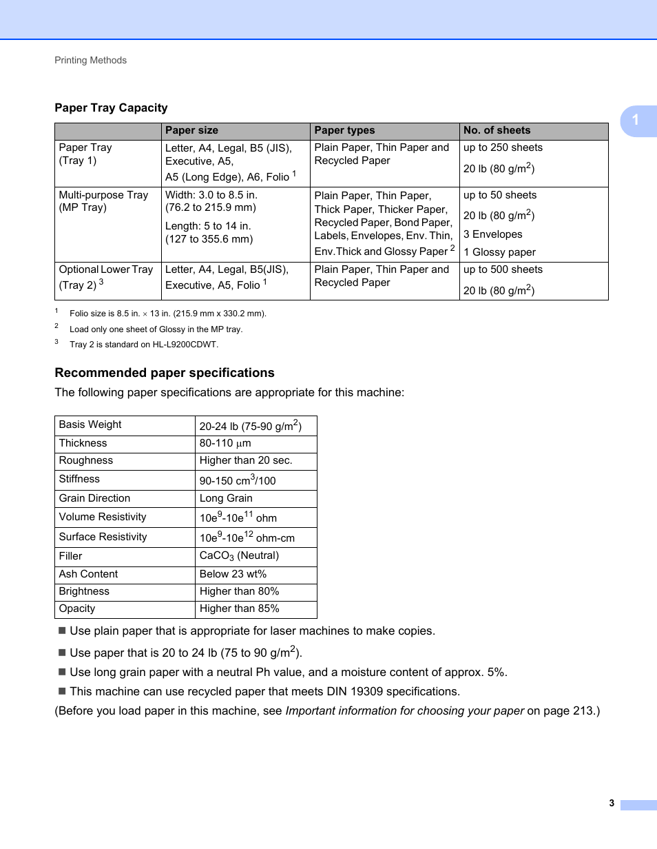 Recommended paper specifications | Brother HL-L9200CDWT User Manual | Page 10 / 228