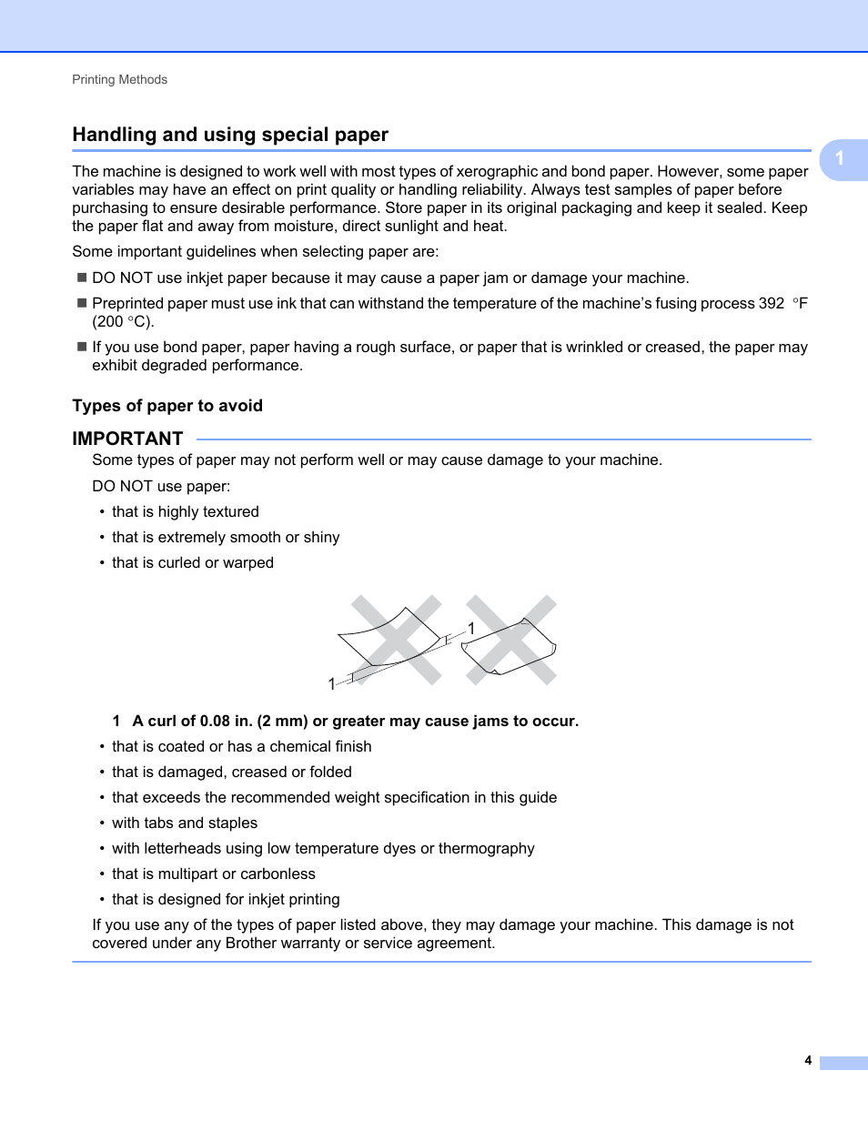 Handling and using special paper, Types of paper to avoid, 1handling and using special paper | Important | Brother HL-L9200CDWT User Manual | Page 11 / 228