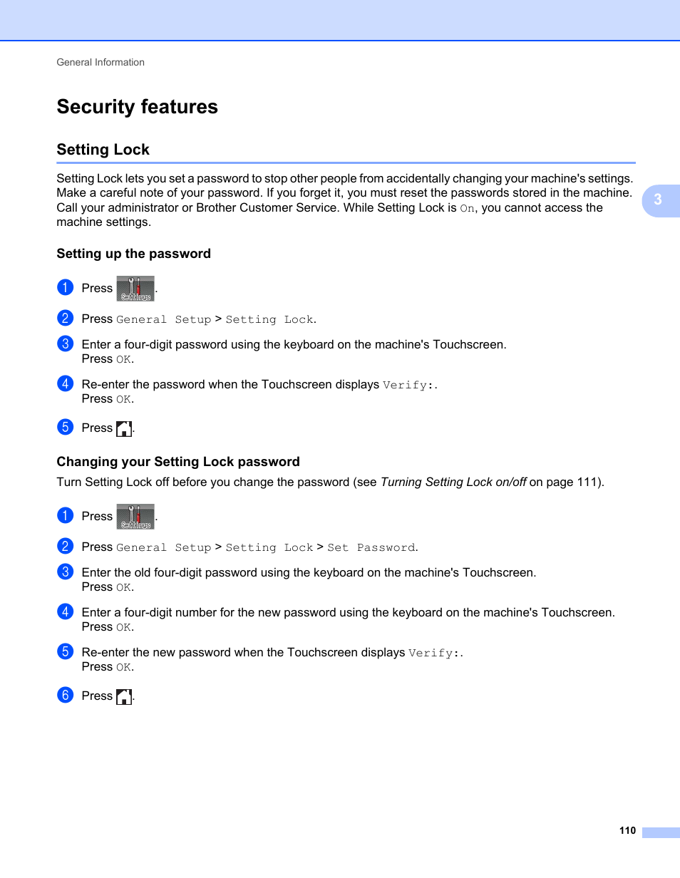 Security features, Setting lock, Setting up the password | Changing your setting lock password | Brother HL-L9200CDWT User Manual | Page 117 / 228