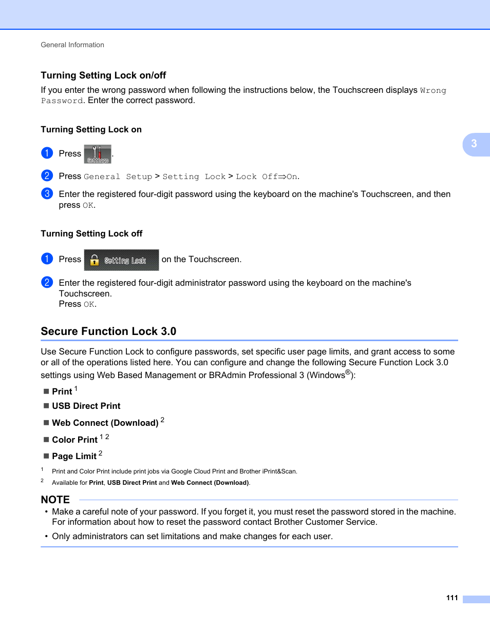 Turning setting lock on/off, Secure function lock 3.0 | Brother HL-L9200CDWT User Manual | Page 118 / 228