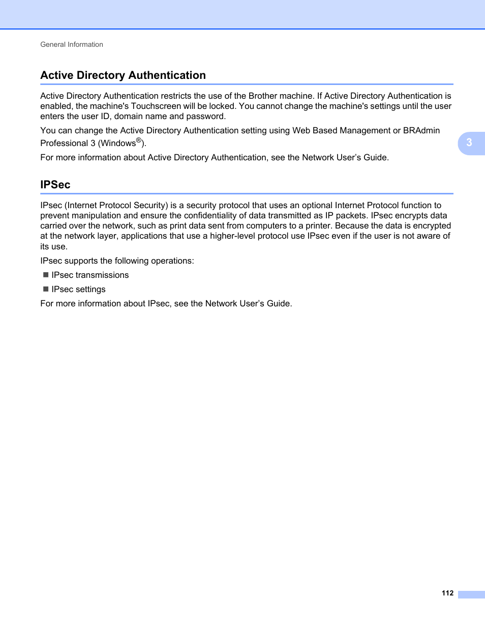 Active directory authentication, Ipsec, Active directory authentication ipsec | 3active directory authentication | Brother HL-L9200CDWT User Manual | Page 119 / 228