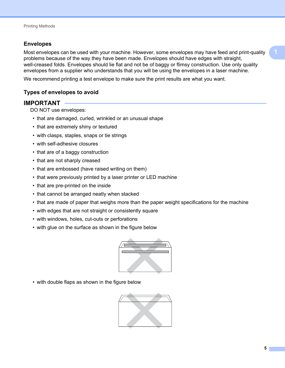 Envelopes, Types of envelopes to avoid, Important | With double flaps as shown in the figure below | Brother HL-L9200CDWT User Manual | Page 12 / 228