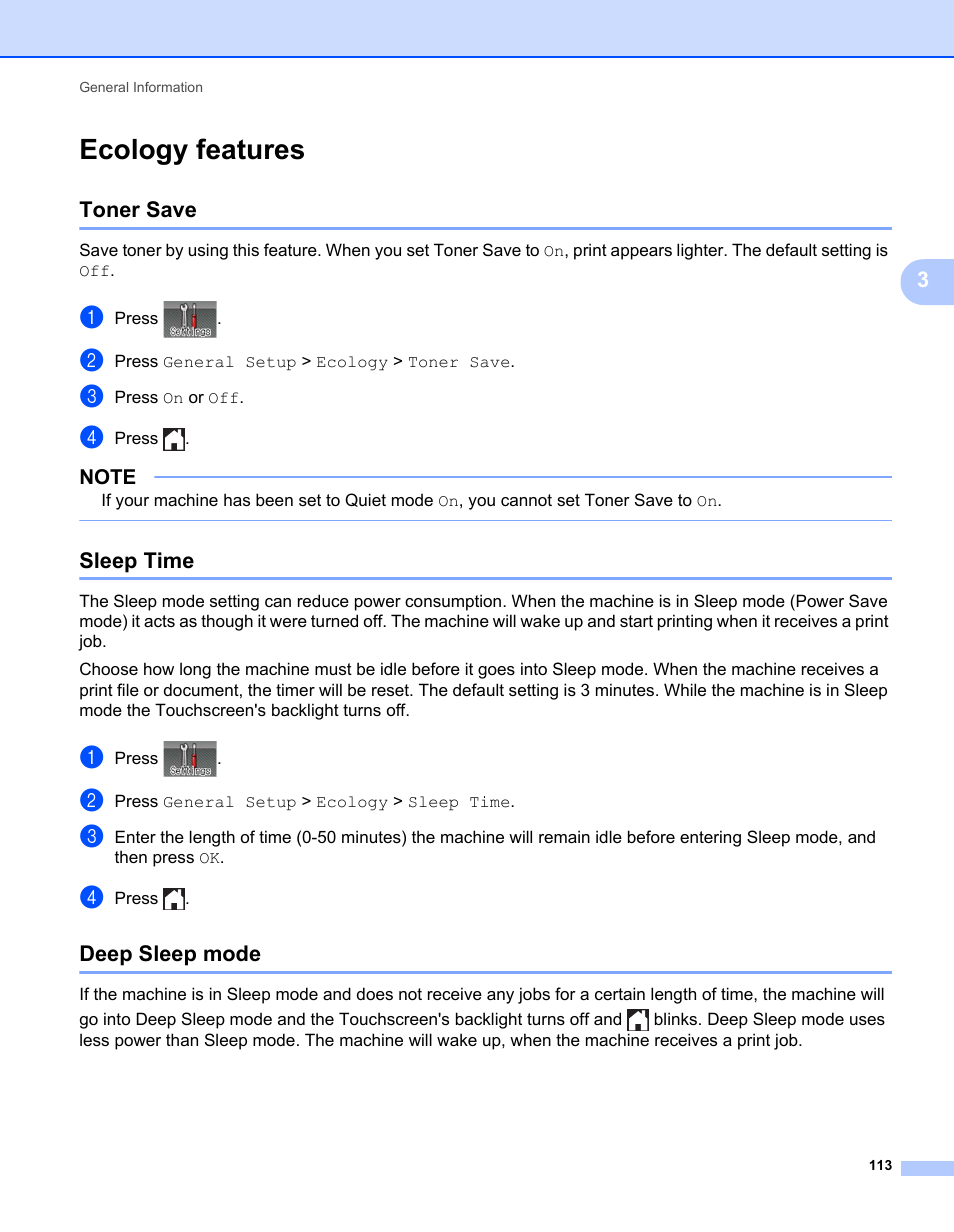 Ecology features, Toner save, Sleep time | Deep sleep mode, Toner save sleep time deep sleep mode | Brother HL-L9200CDWT User Manual | Page 120 / 228