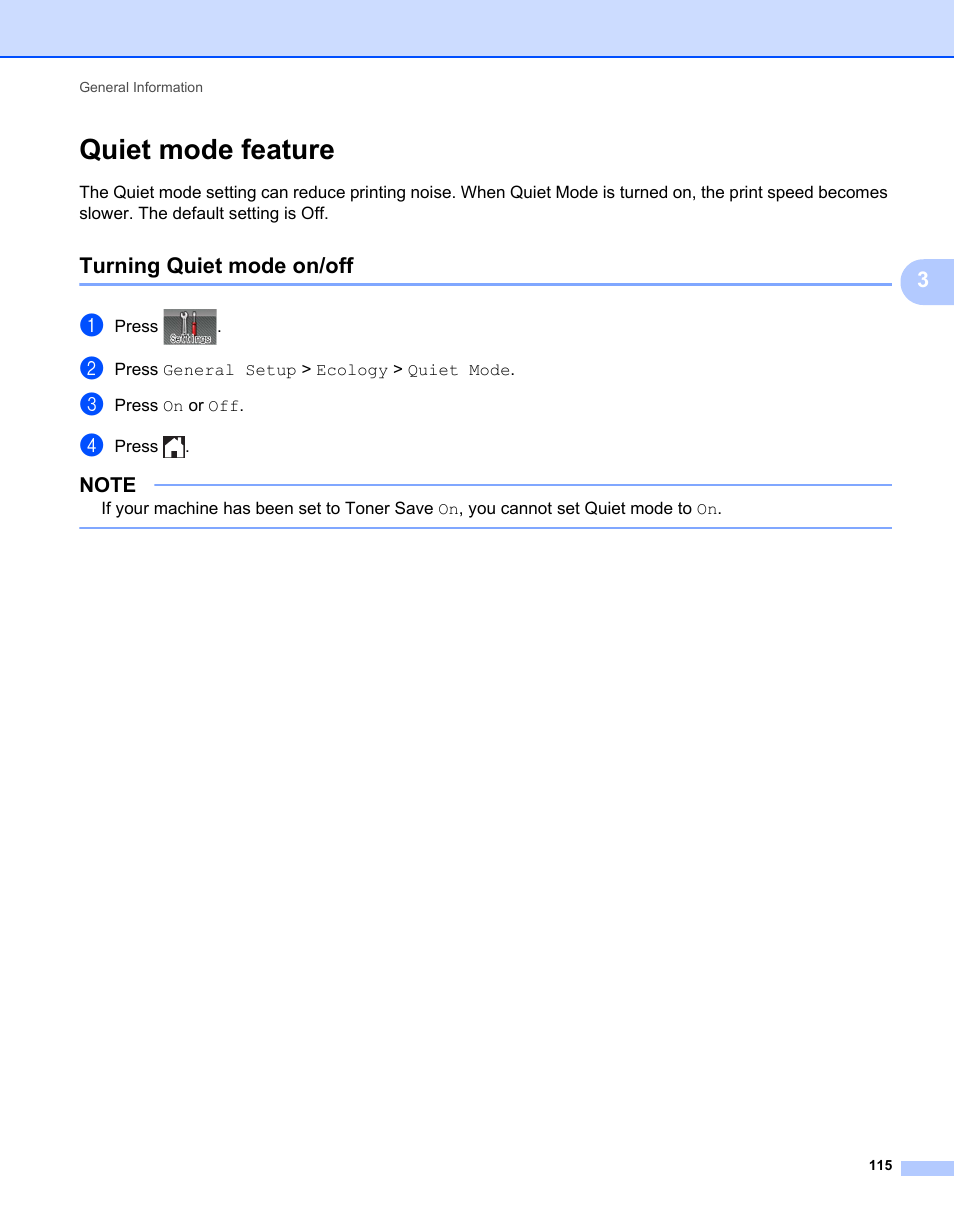 Quiet mode feature, Turning quiet mode on/off | Brother HL-L9200CDWT User Manual | Page 122 / 228