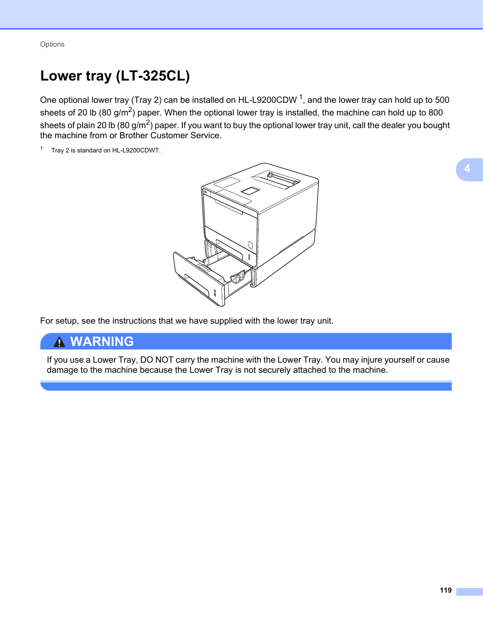 Lower tray (lt-325cl), Warning | Brother HL-L9200CDWT User Manual | Page 126 / 228