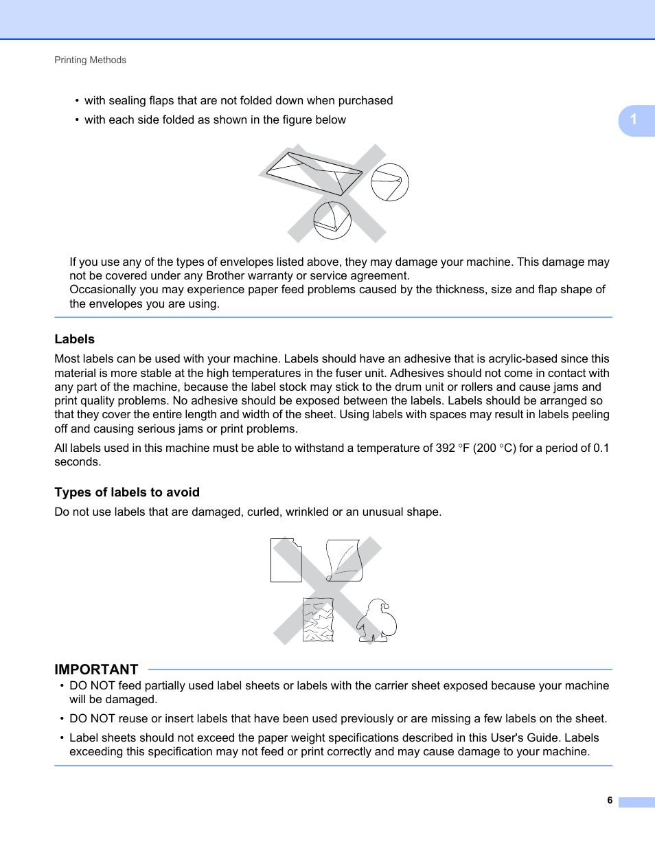 Labels, Types of labels to avoid, Important | Brother HL-L9200CDWT User Manual | Page 13 / 228